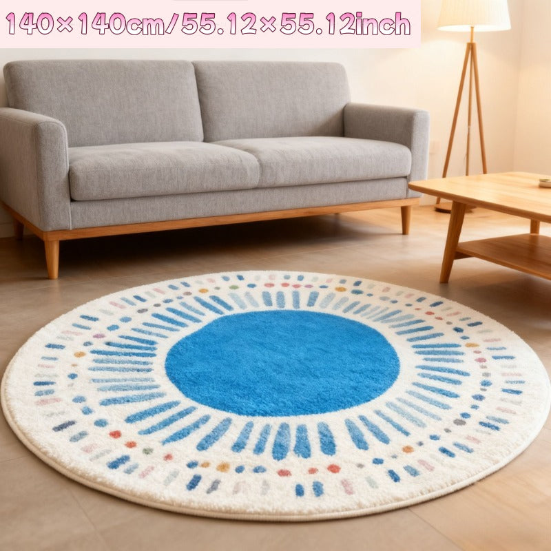 Tapis rond rosace bleue sur écru, Ø 100 cm tissé à plat