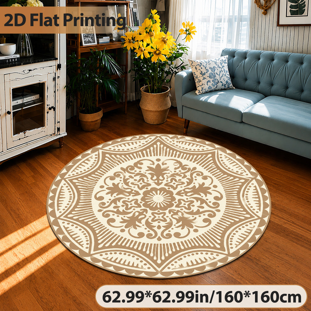 Tapis rond mandala festonné beige et taupe, Ø 100 à 140 cm