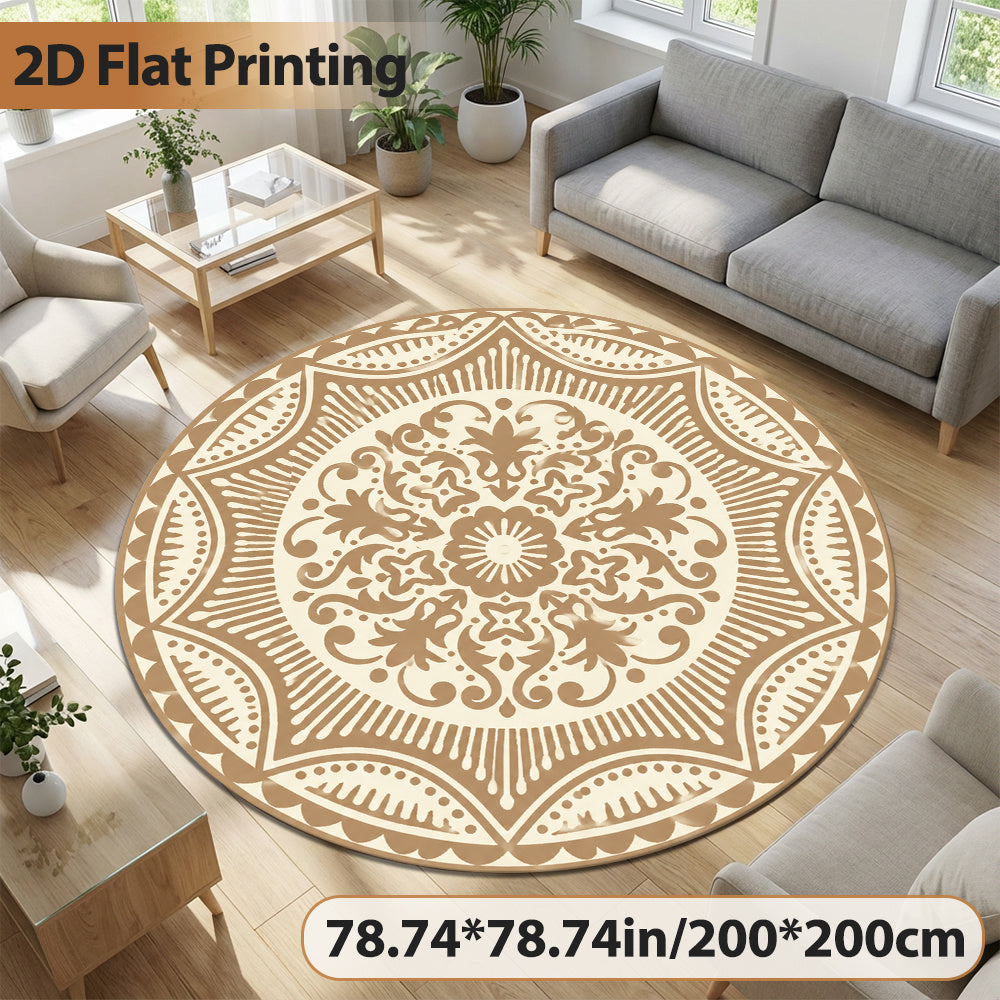 Tapis rond mandala festonné beige et taupe, Ø 100 à 140 cm