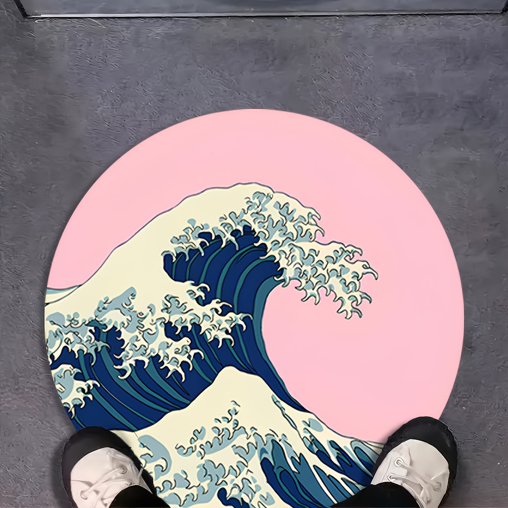 Tapis rond rose et bleu, grande vague japonaise, Ø 80 à 200 cm
