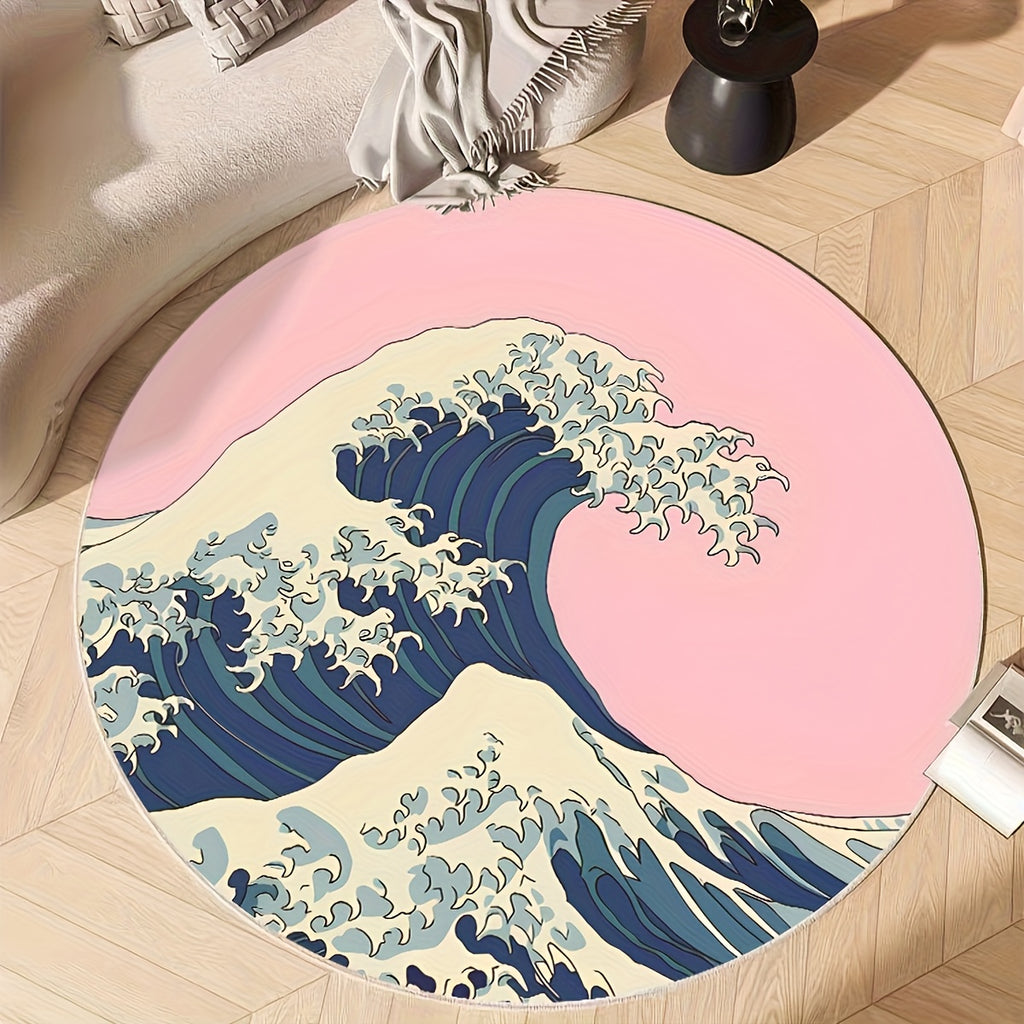 Tapis rond rose et bleu, grande vague japonaise, Ø 80 à 200 cm