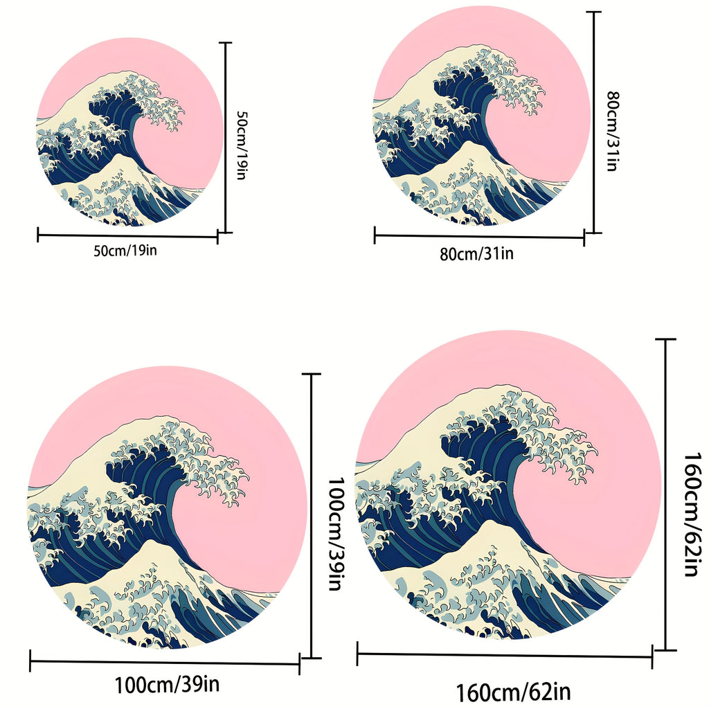 Tapis rond rose et bleu, grande vague japonaise, Ø 80 à 200 cm