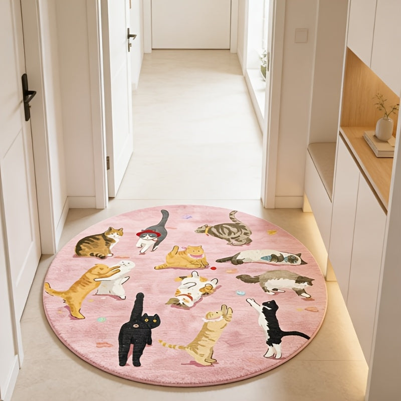 Tapis rond rose à motif chats, Ø 80 cm et dos caoutchouc
