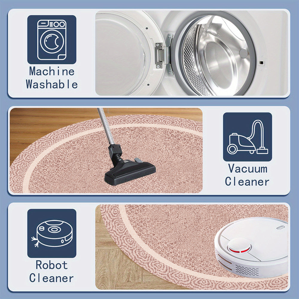 Tapis rond rose chiné à couronne d'arabesques, Ø 80 à 200