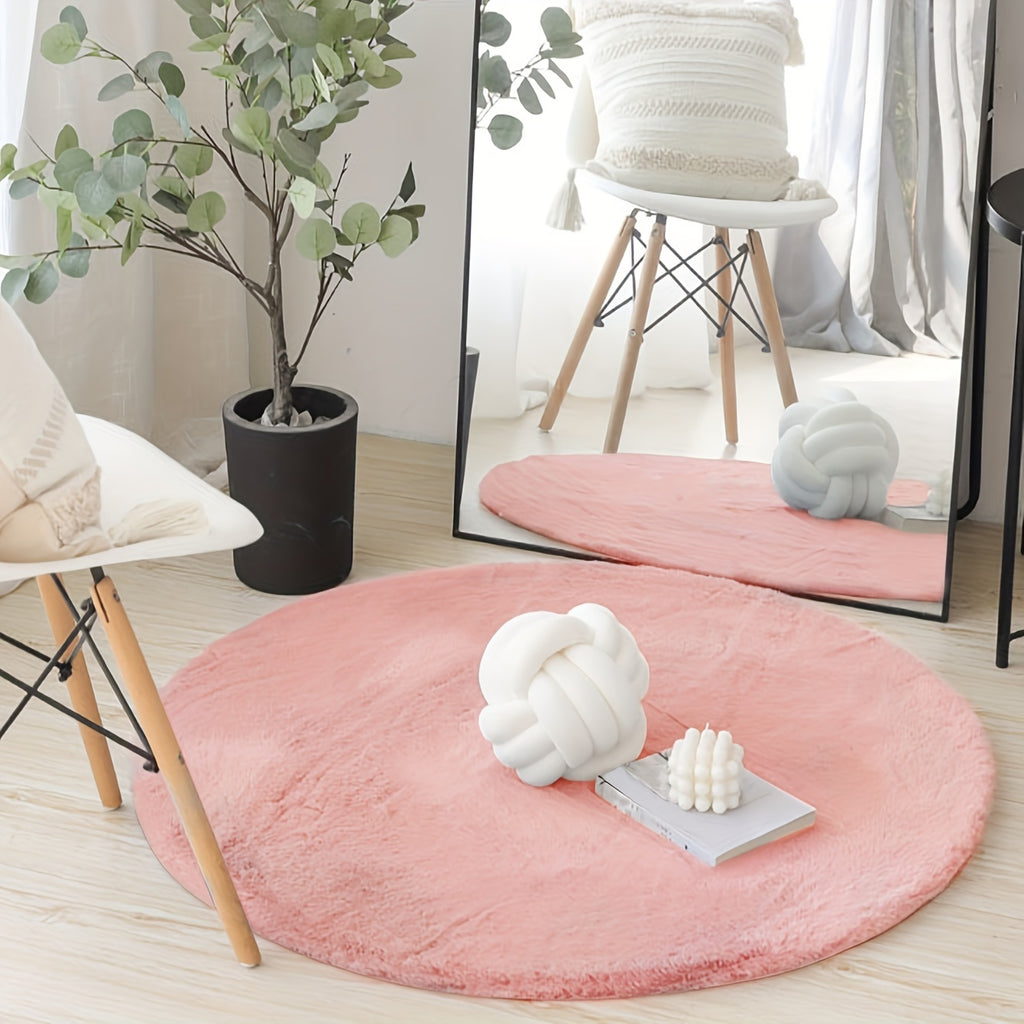 Tapis rond rose vieilli en fausse fourrure de lapin, Ø 90 cm
