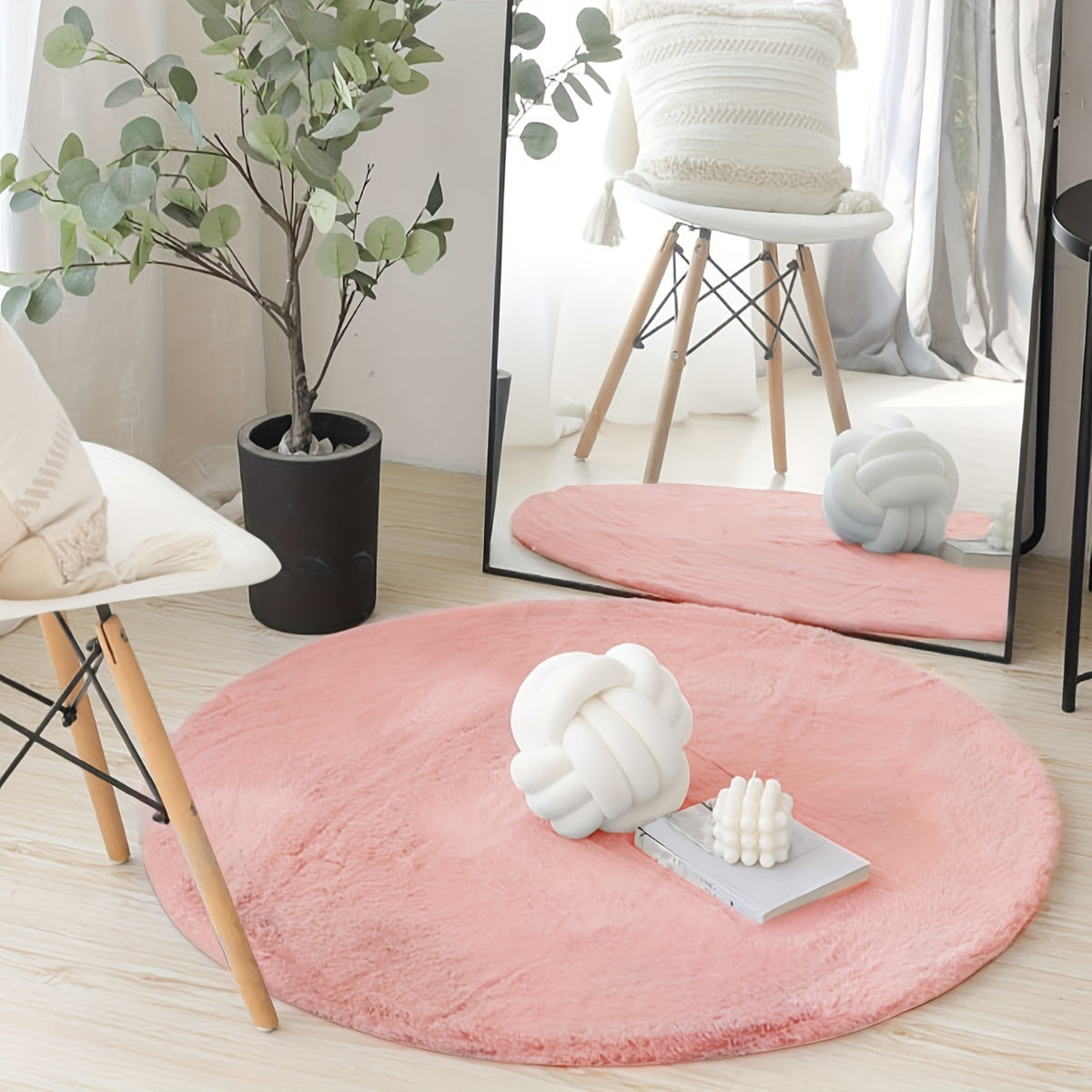 Tapis rond rose vieilli en fausse fourrure de lapin, Ø 90 cm