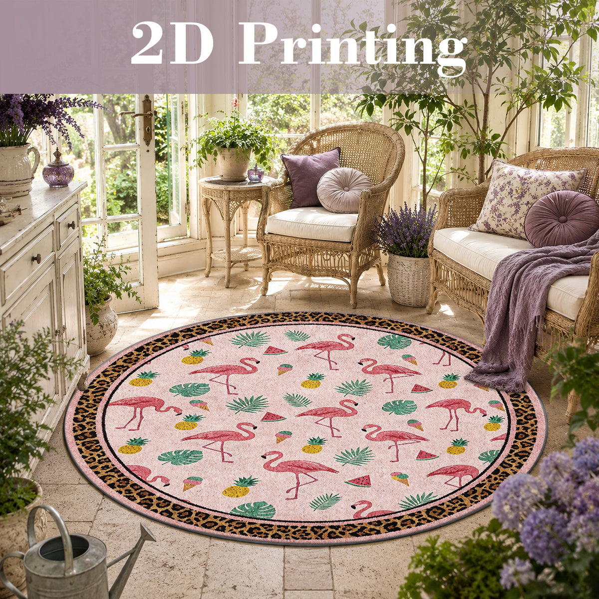 Tapis rond rose à flamants roses, bordure imprimée léopard