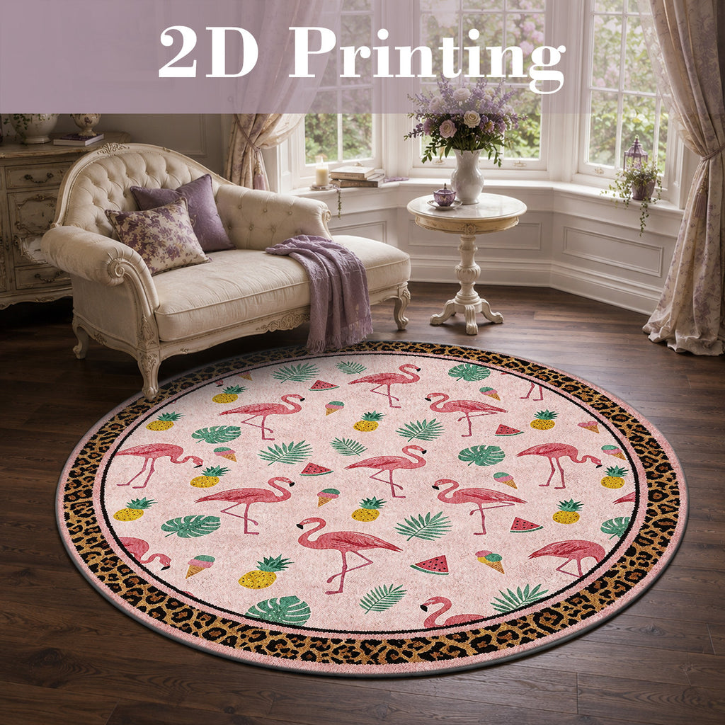 Tapis rond rose à flamants roses, bordure imprimée léopard