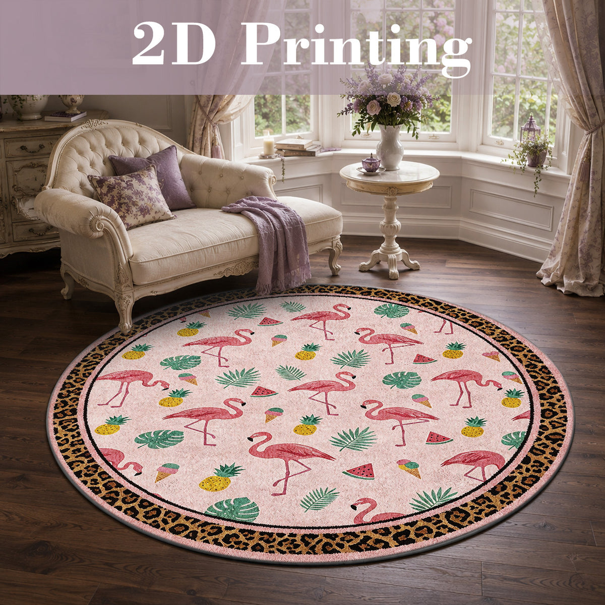 Tapis rond rose à flamants roses, bordure imprimée léopard