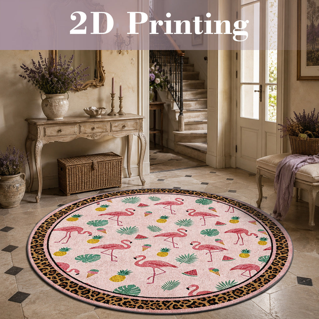 Tapis rond rose à flamants roses, bordure imprimée léopard