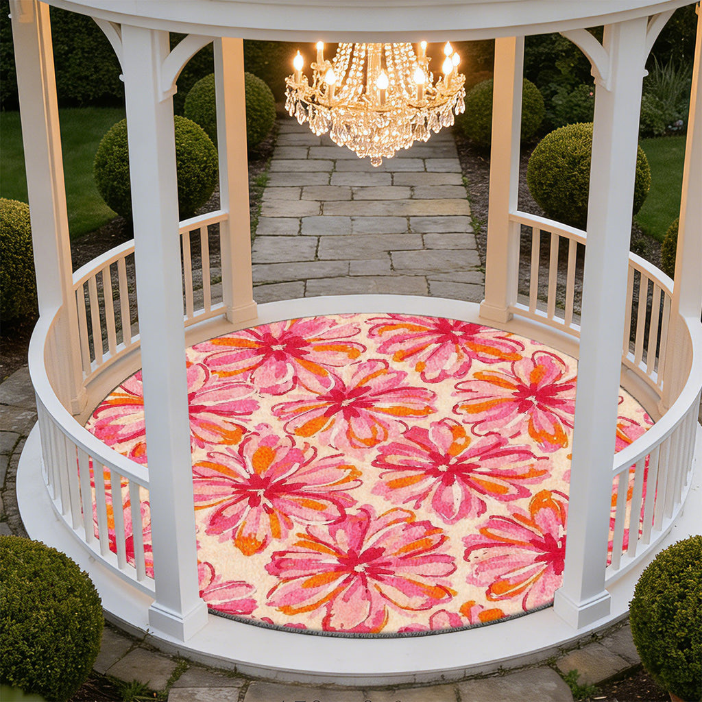 Tapis rond rose fuchsia à grandes marguerites aquarellées