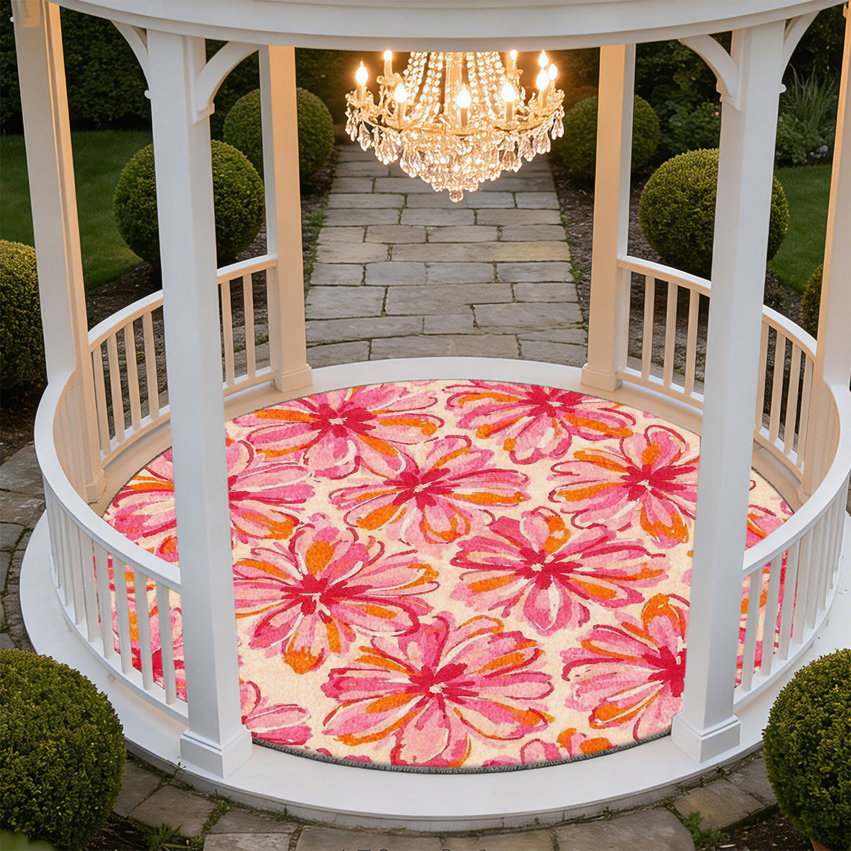 Tapis rond rose fuchsia à grandes marguerites aquarellées