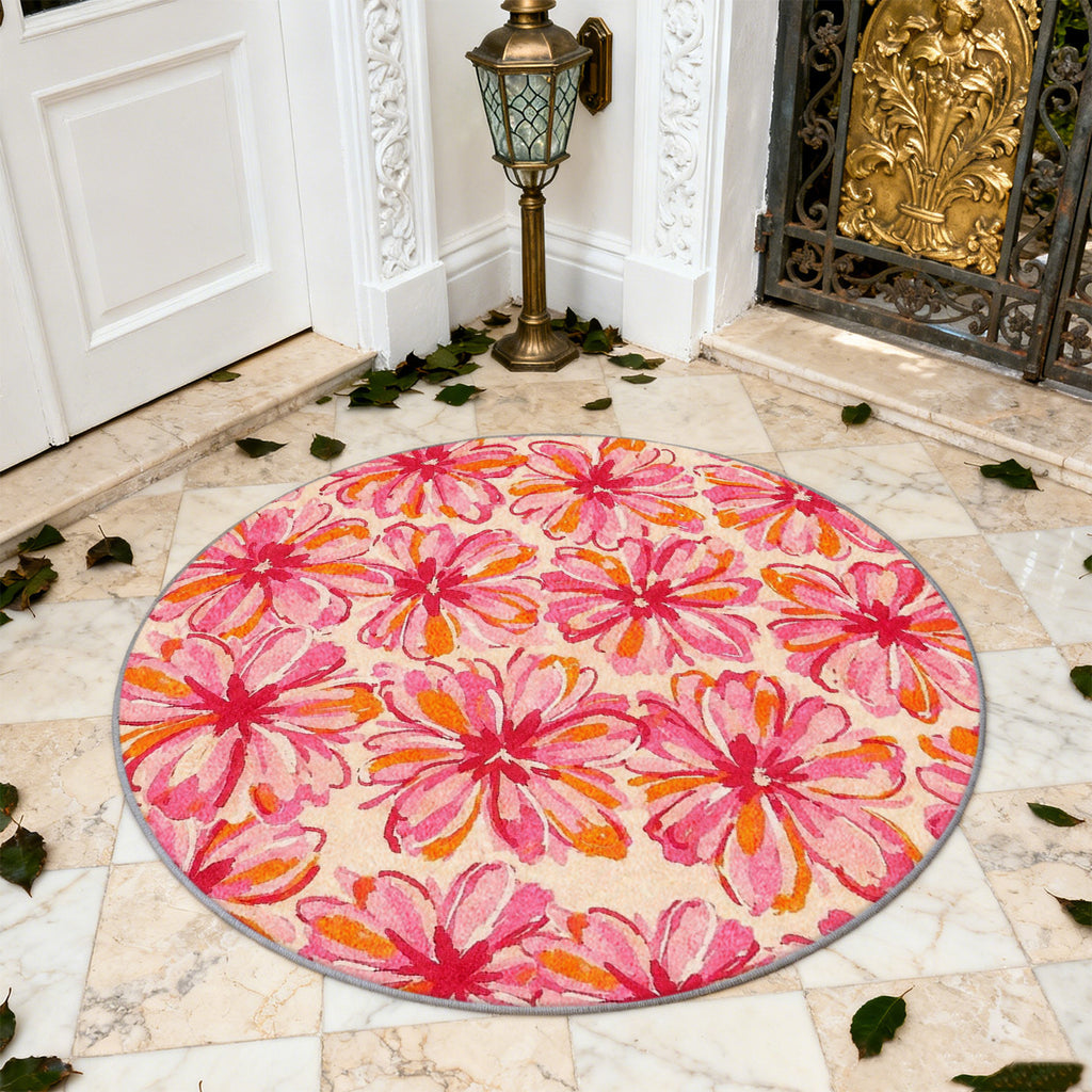 Tapis rond rose fuchsia à grandes marguerites aquarellées