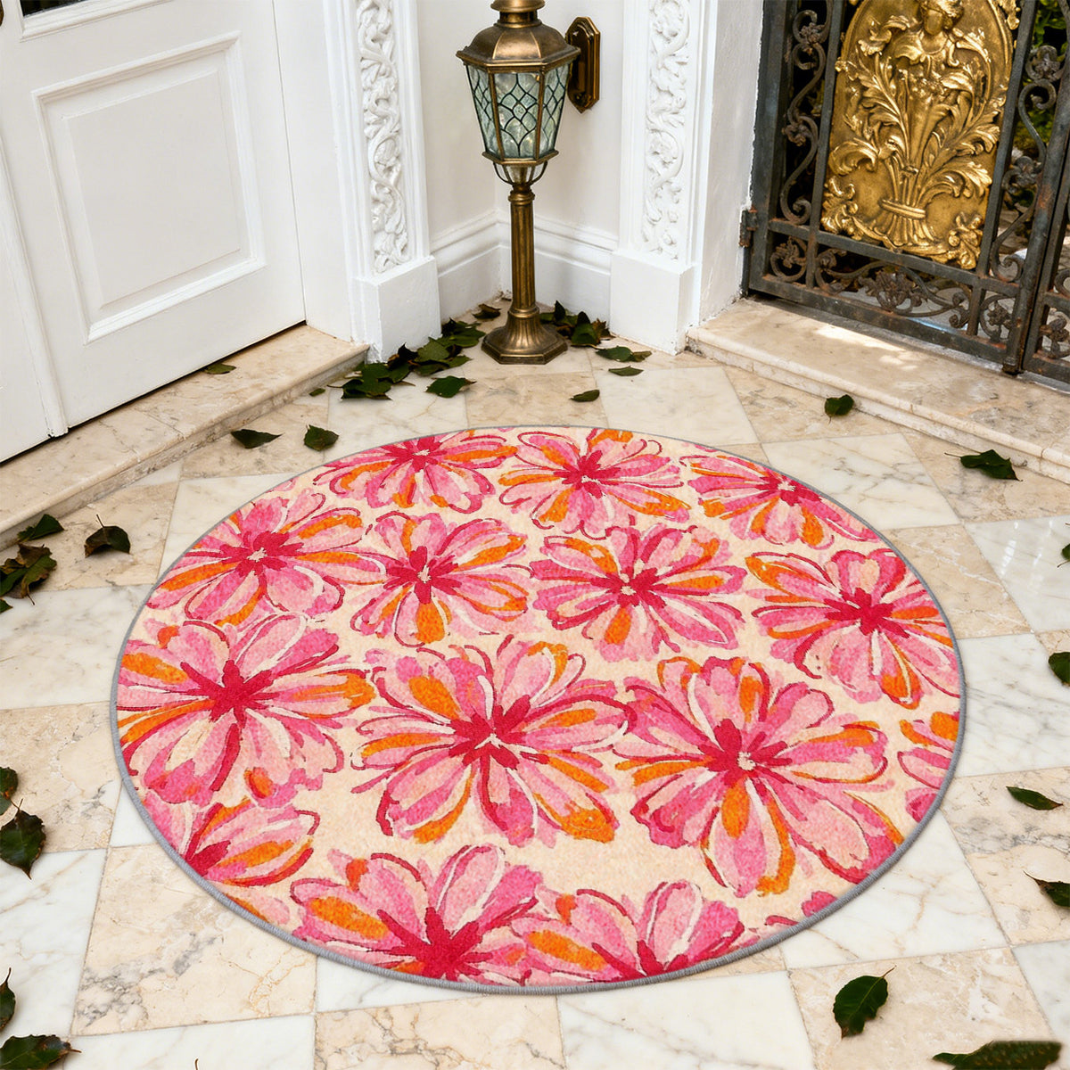 Tapis rond rose fuchsia à grandes marguerites aquarellées