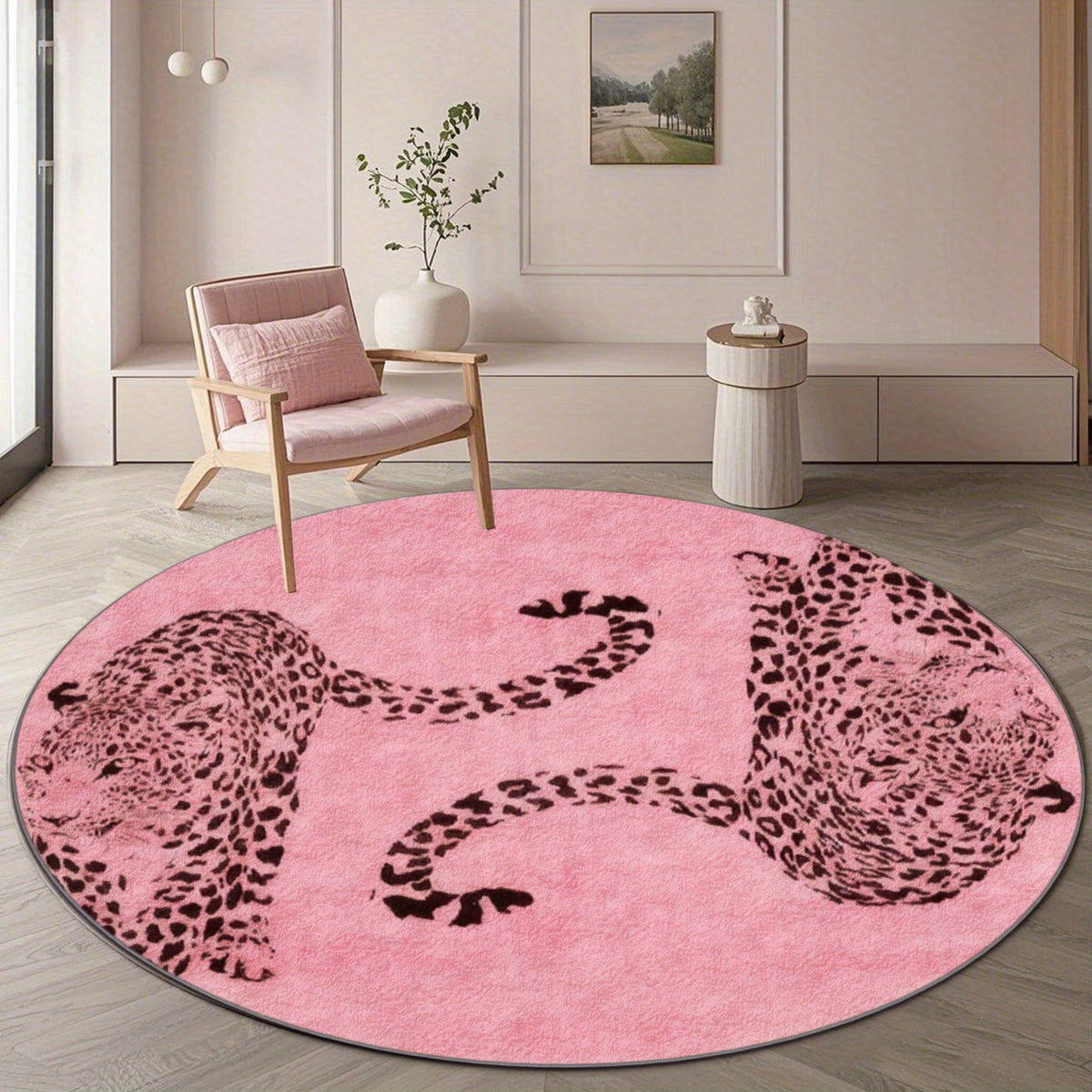 Tapis rond rose à deux léopards, impression plate 2D nette