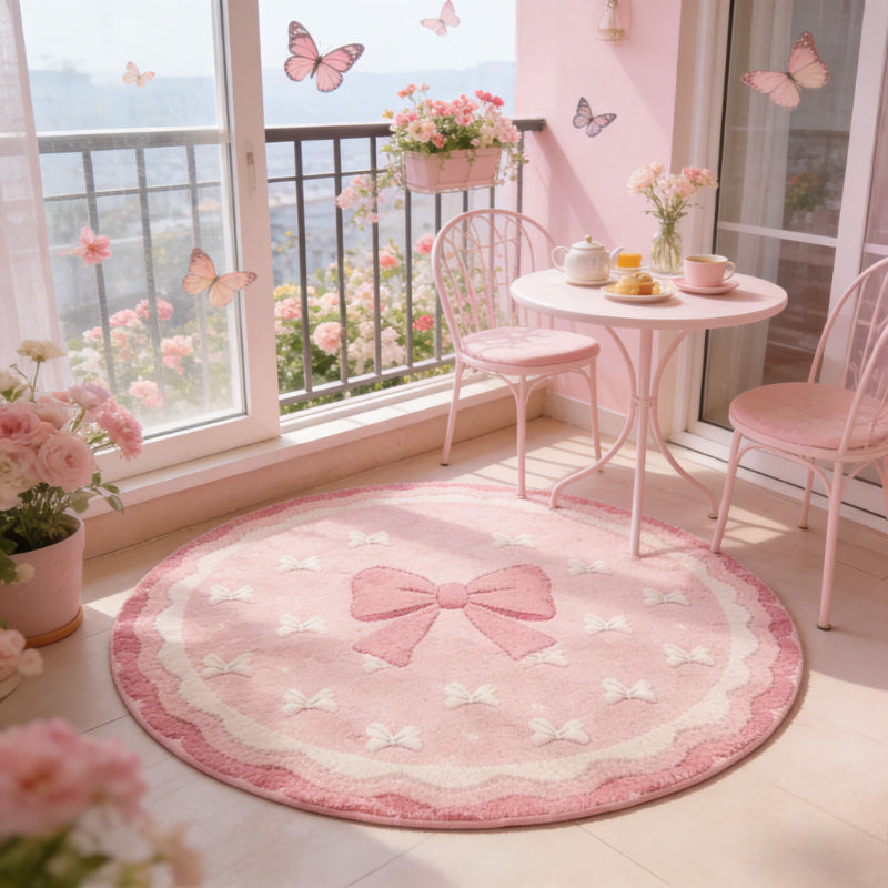 Tapis rond rose à nœud et bordure festonnée, trois tailles