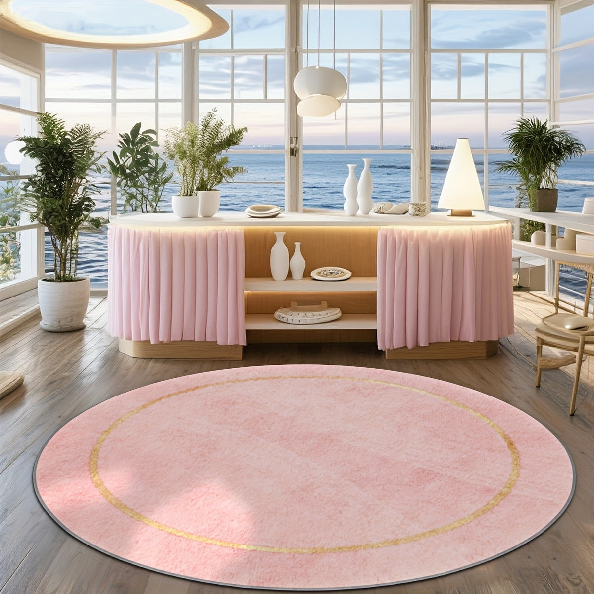 Tapis rond rose cendré cerclé d'un fil doré, Ø 100 et Ø 160