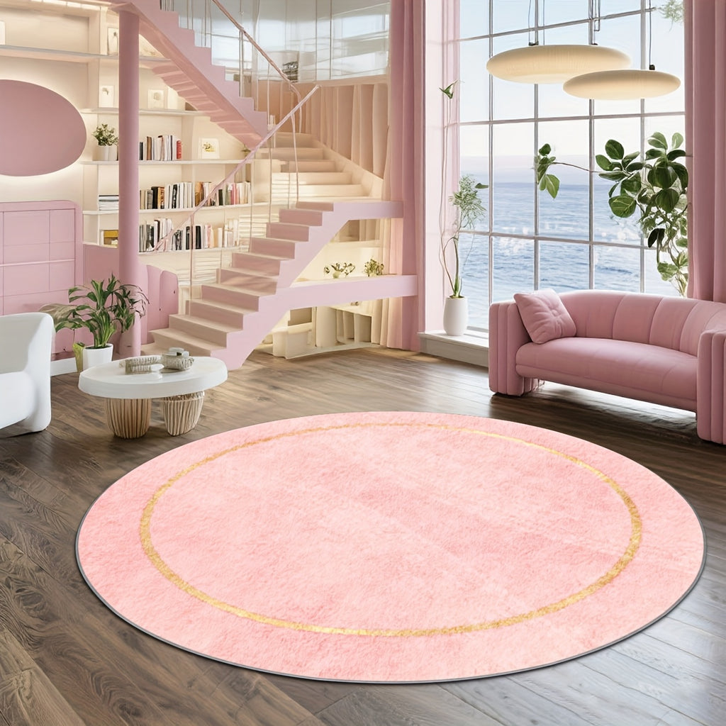 Tapis rond rose cendré cerclé d'un fil doré, Ø 100 et Ø 160