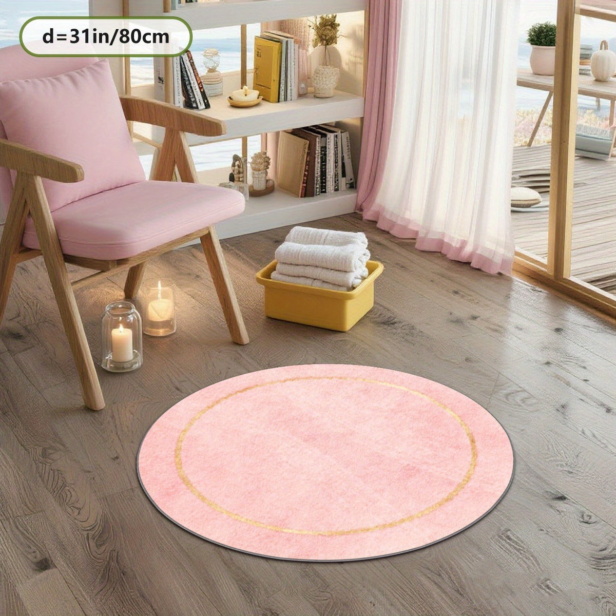 Tapis rond rose cendré cerclé d'un fil doré, Ø 100 et Ø 160
