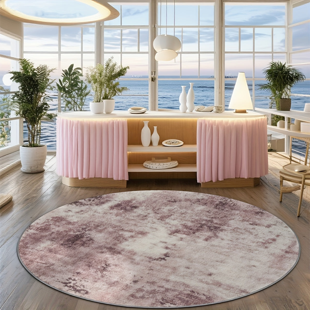 Tapis rond rose poudré à l'encre délavée, effet aquarelle
