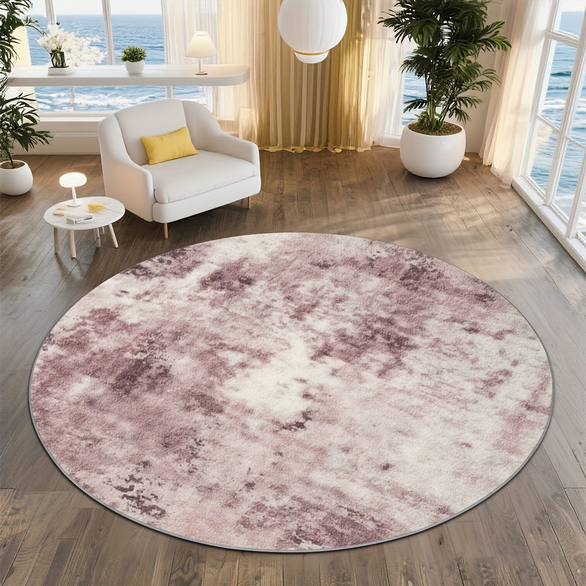 Tapis rond rose poudré à l'encre délavée, effet aquarelle