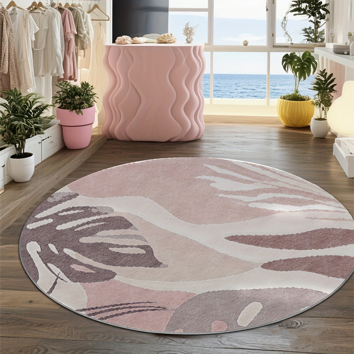 Tapis rond rose poudré à feuillage abstrait mauve et crème