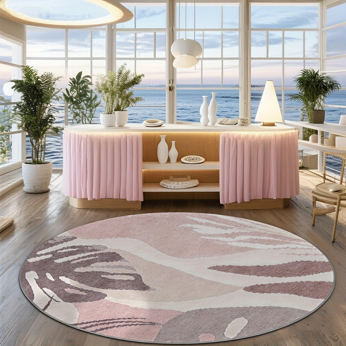 Tapis rond rose poudré à feuillage abstrait mauve et crème
