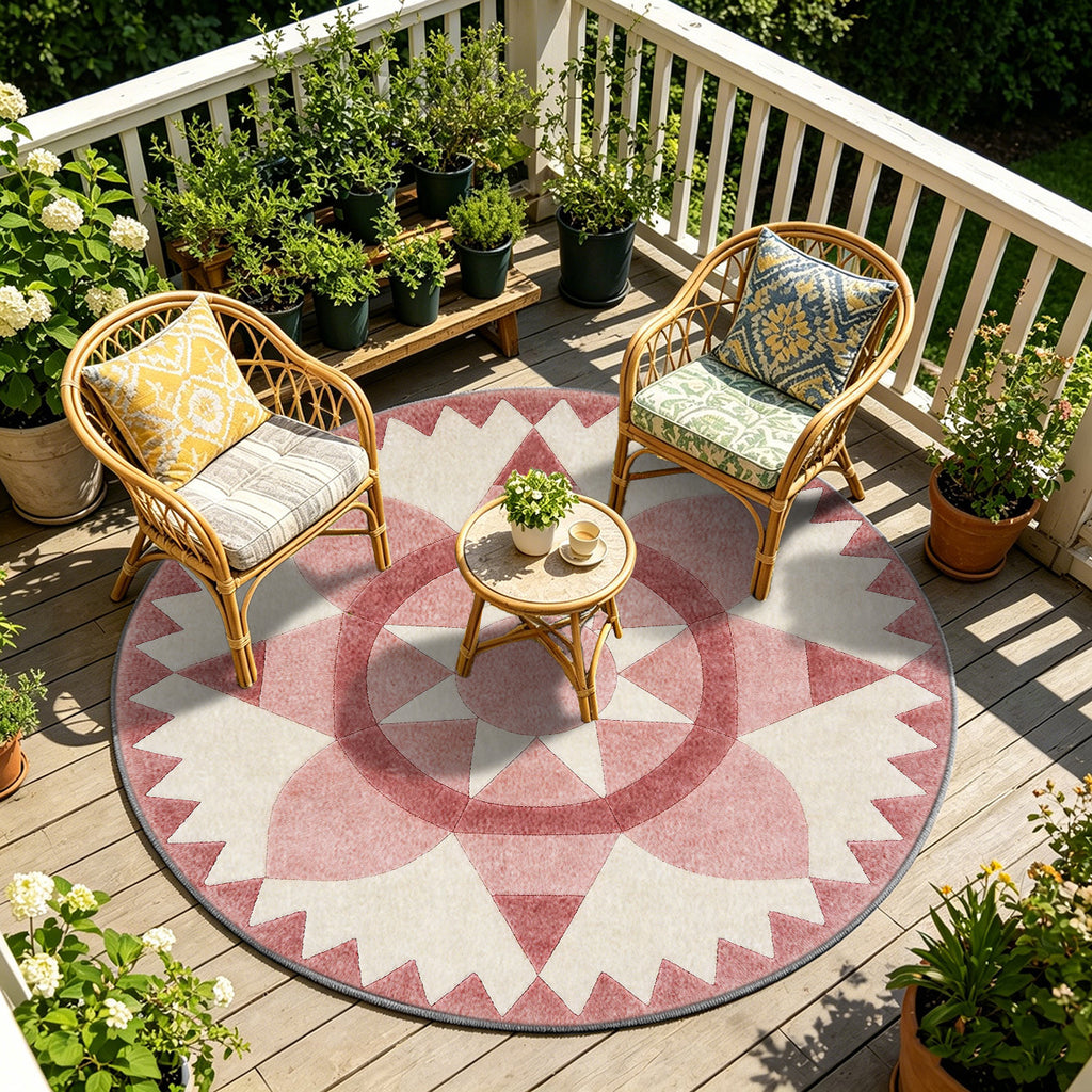 Tapis rond rose poudré à grande rosace étoilée en patchwork