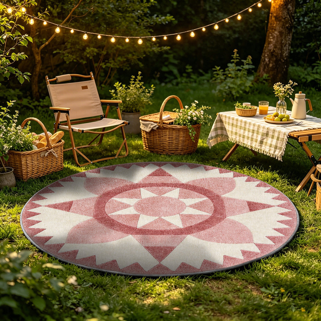 Tapis rond rose poudré à grande rosace étoilée en patchwork