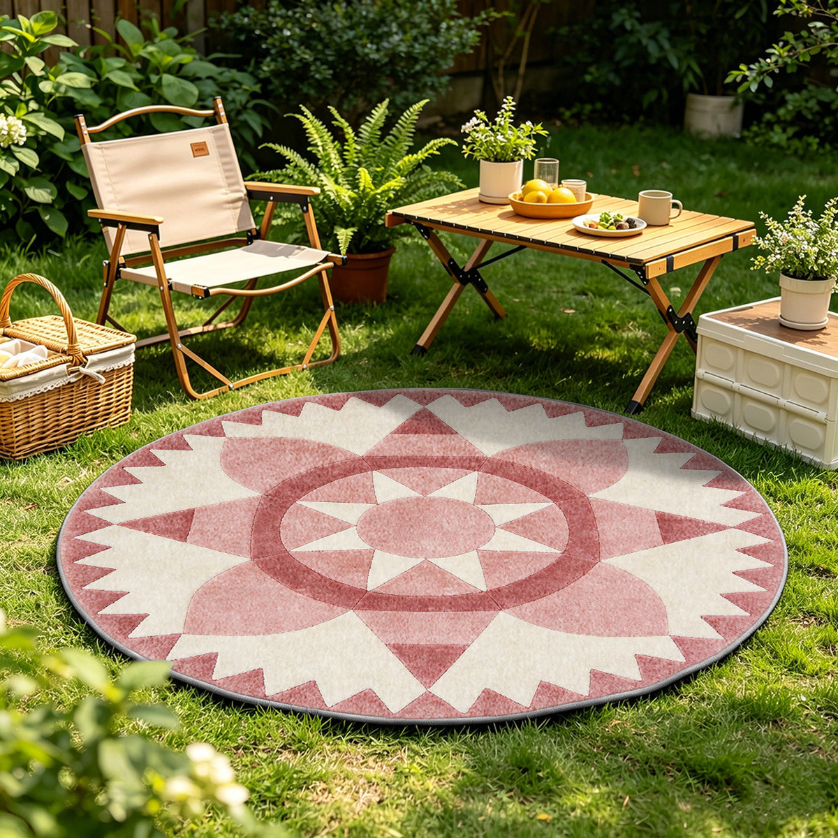 Tapis rond rose poudré à grande rosace étoilée en patchwork