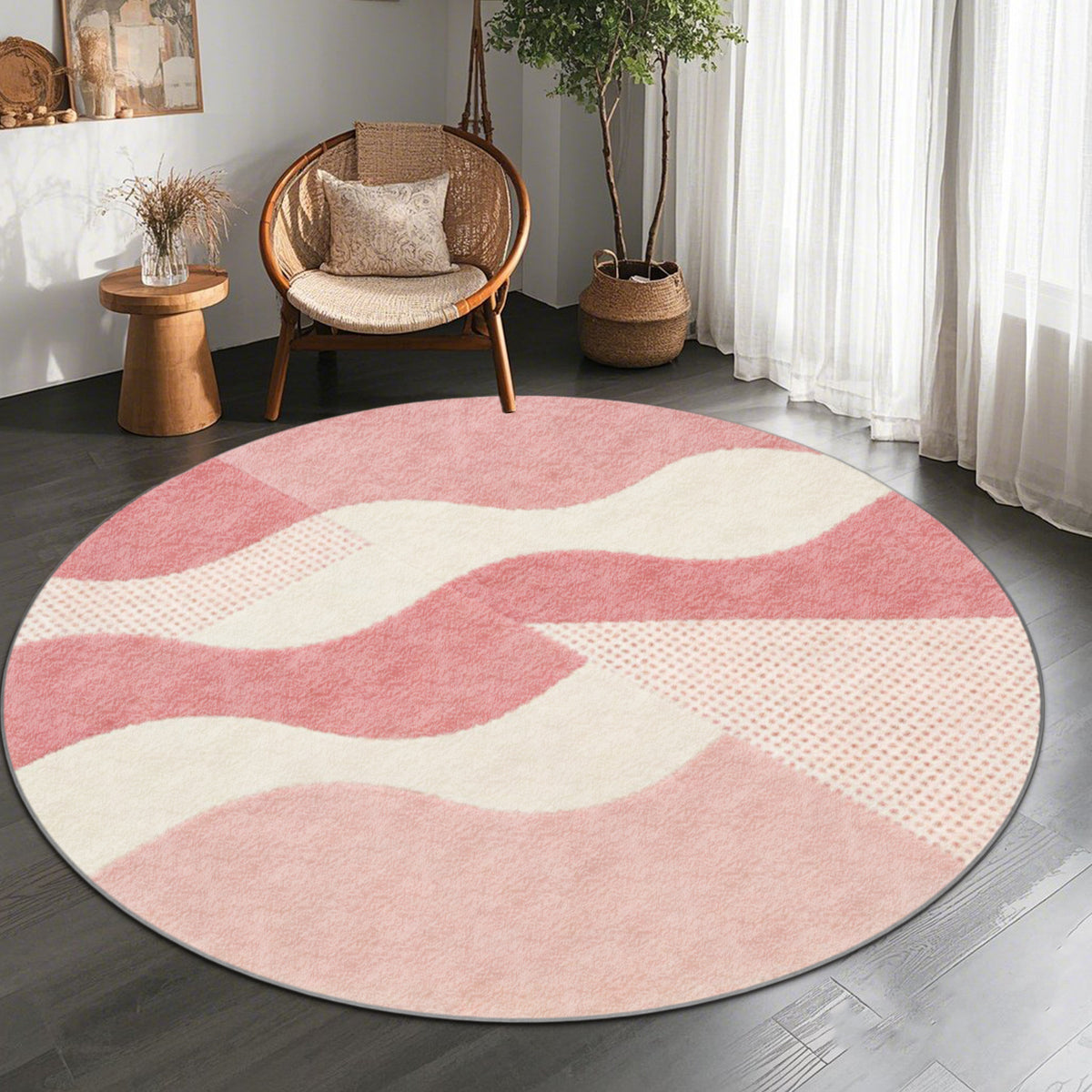 Tapis rond rose à vagues et triangle pointillé, quatre tailles