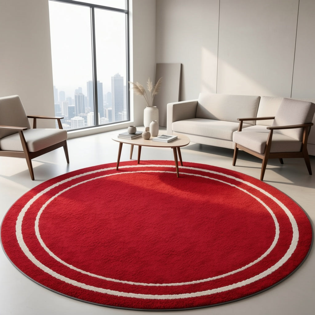 Tapis rond rouge à deux anneaux blancs, trois diamètres
