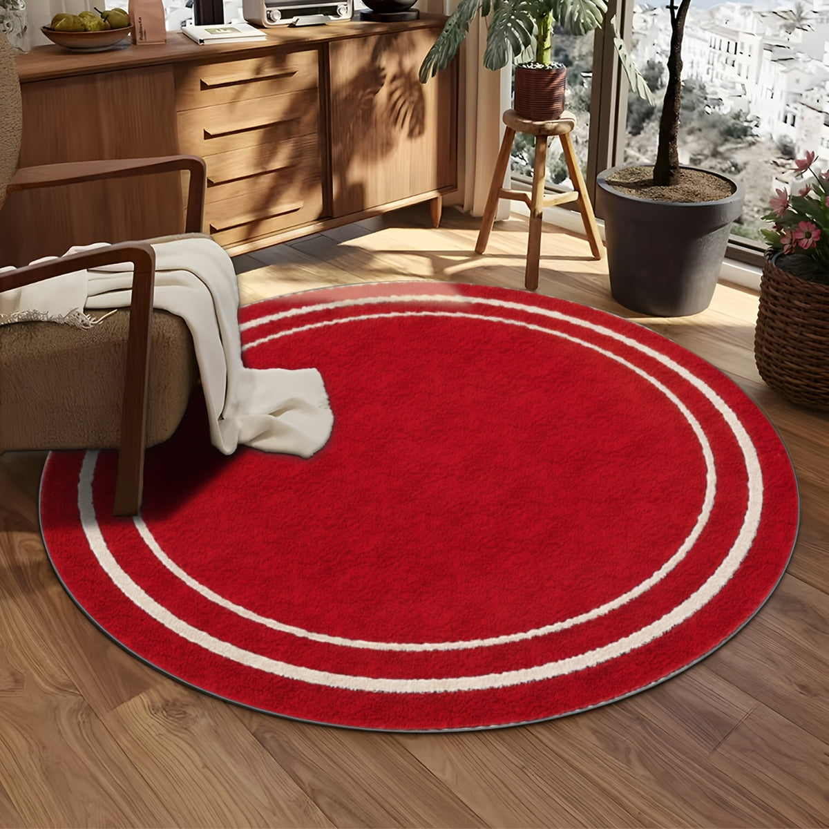 Tapis rond rouge à deux anneaux blancs, trois diamètres