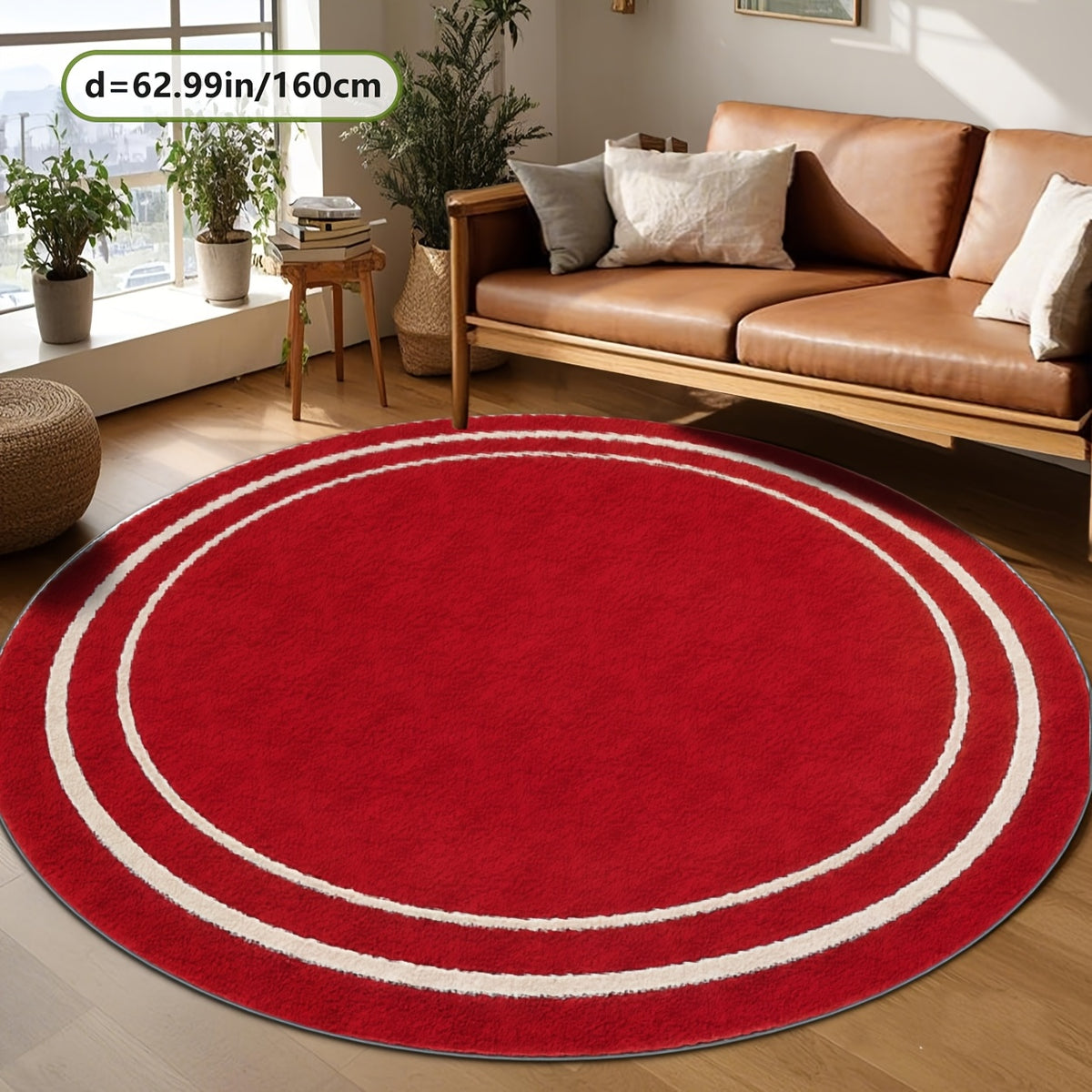 Tapis rond rouge à deux anneaux blancs, trois diamètres