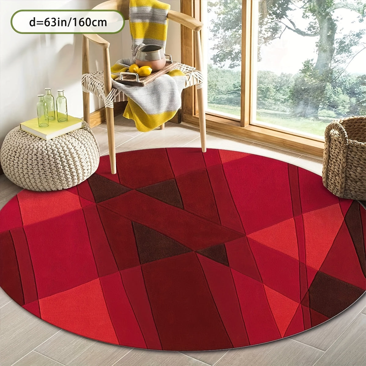 Tapis rond rouge origami à facettes, deux grands cercles