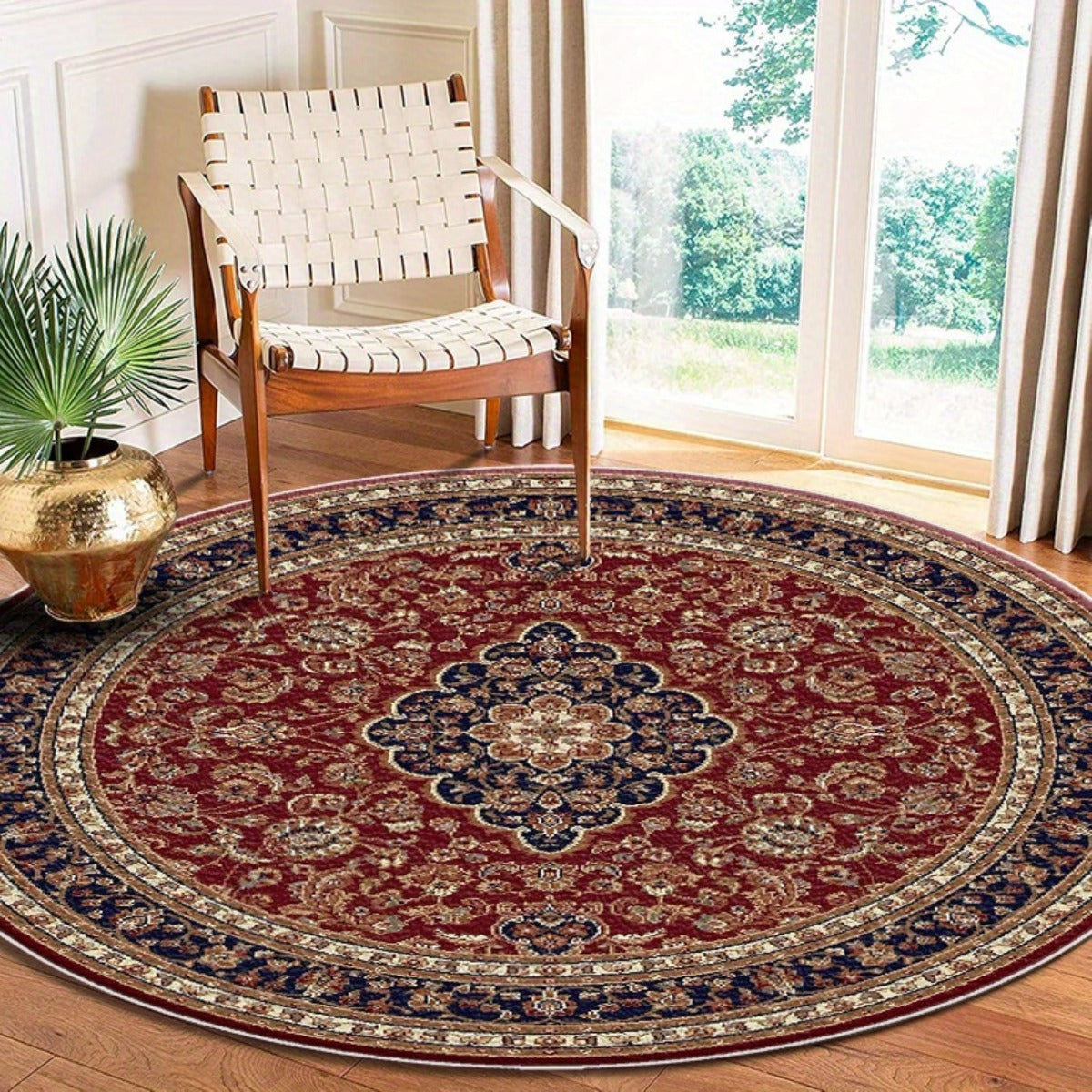 Tapis rond rouge à floral persan bleu nuit, Ø 150 cm à plat