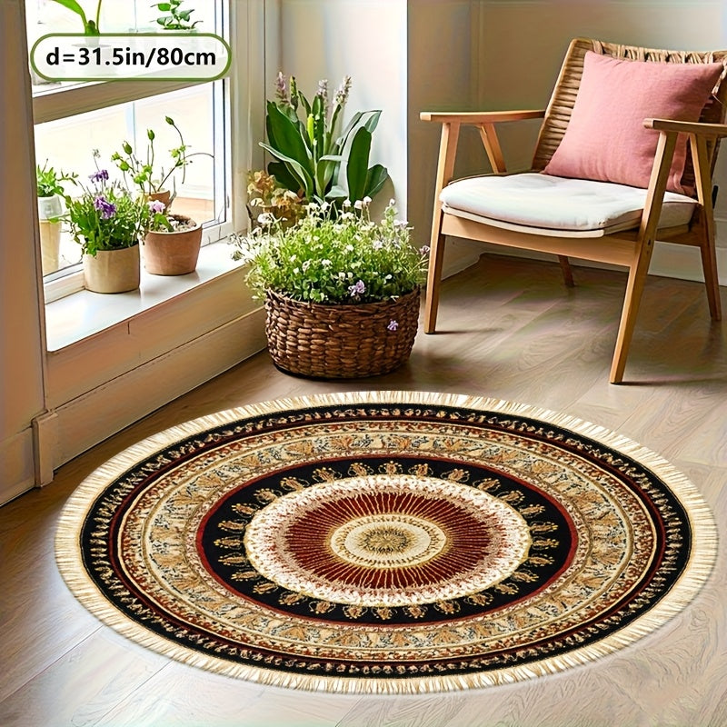Tapis rond rouge à franges dorées, médaillon perse, 5 tailles