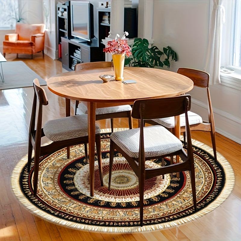 Tapis rond rouge à franges dorées, médaillon perse, 5 tailles