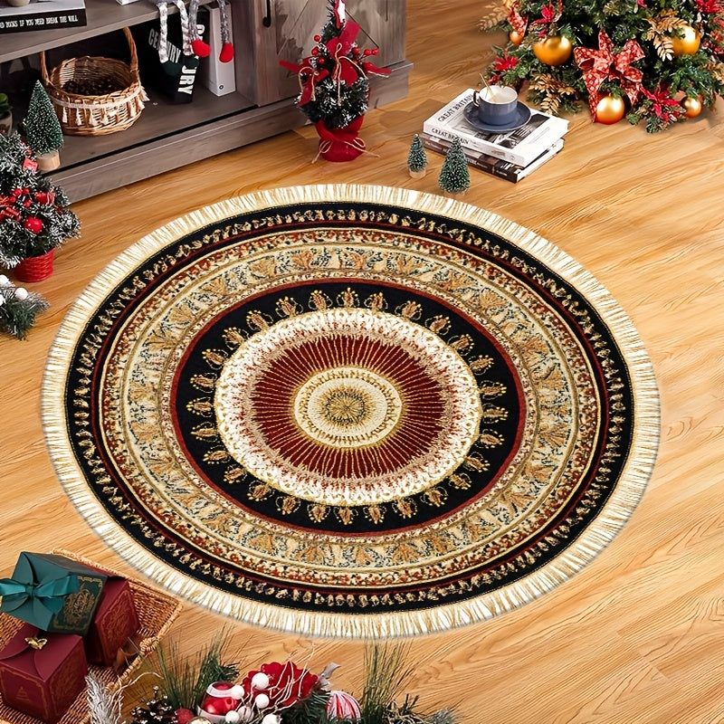 Tapis rond rouge à franges dorées, médaillon perse, 5 tailles