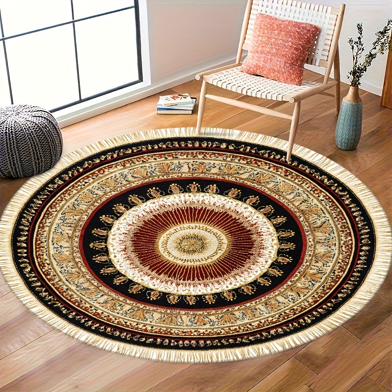 Tapis rond rouge à franges dorées, médaillon perse, 5 tailles