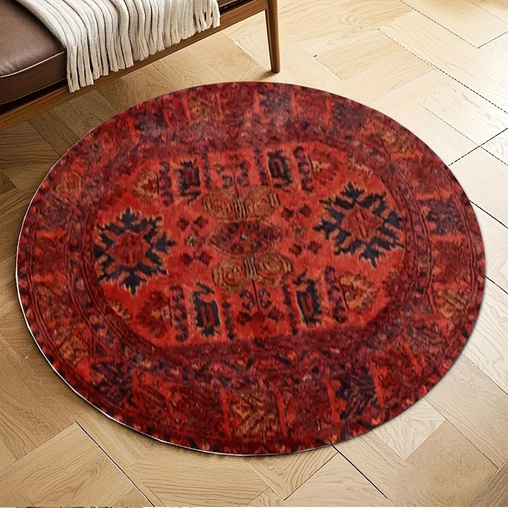 Tapis rond rouge patiné à médaillon oriental, Ø 100 à 160