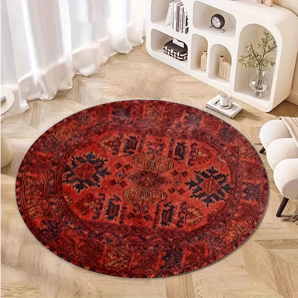 Tapis rond rouge patiné à médaillon oriental, Ø 100 à 160