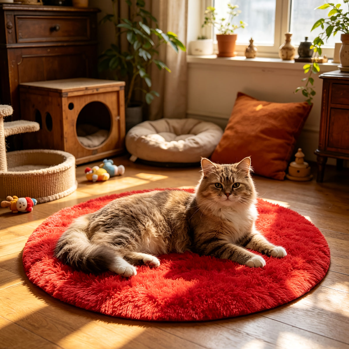 Tapis rond rouge en peluche à poils longs, un mètre de large