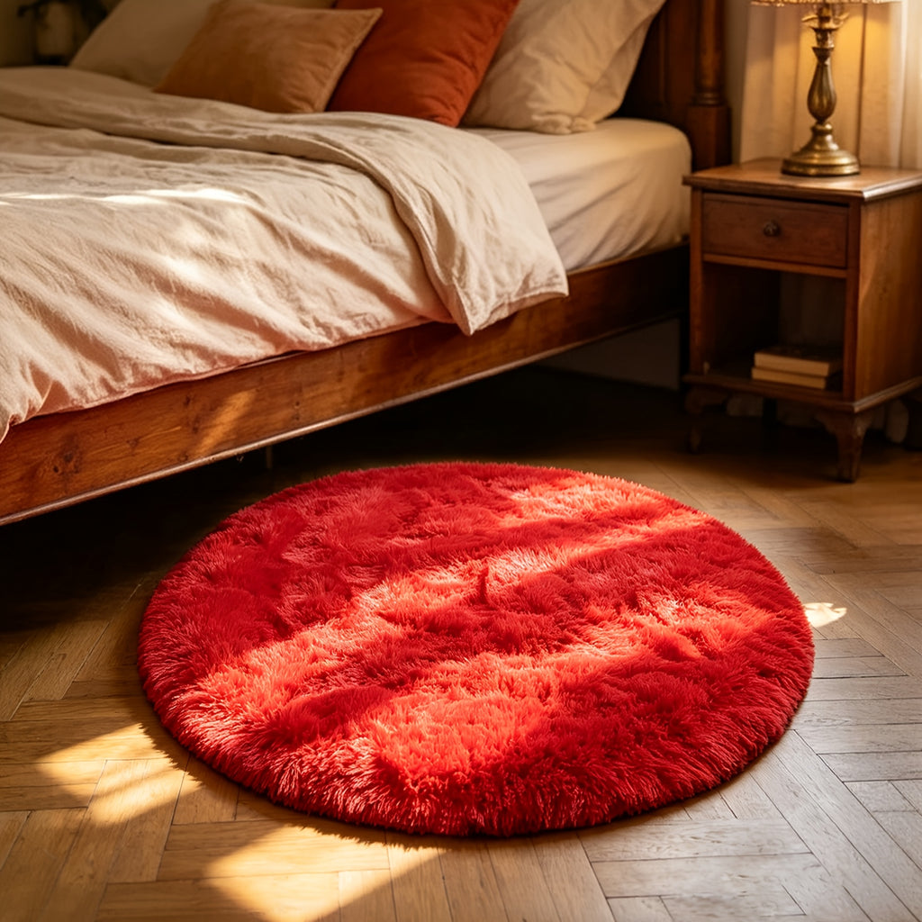 Tapis rond rouge en peluche à poils longs, un mètre de large