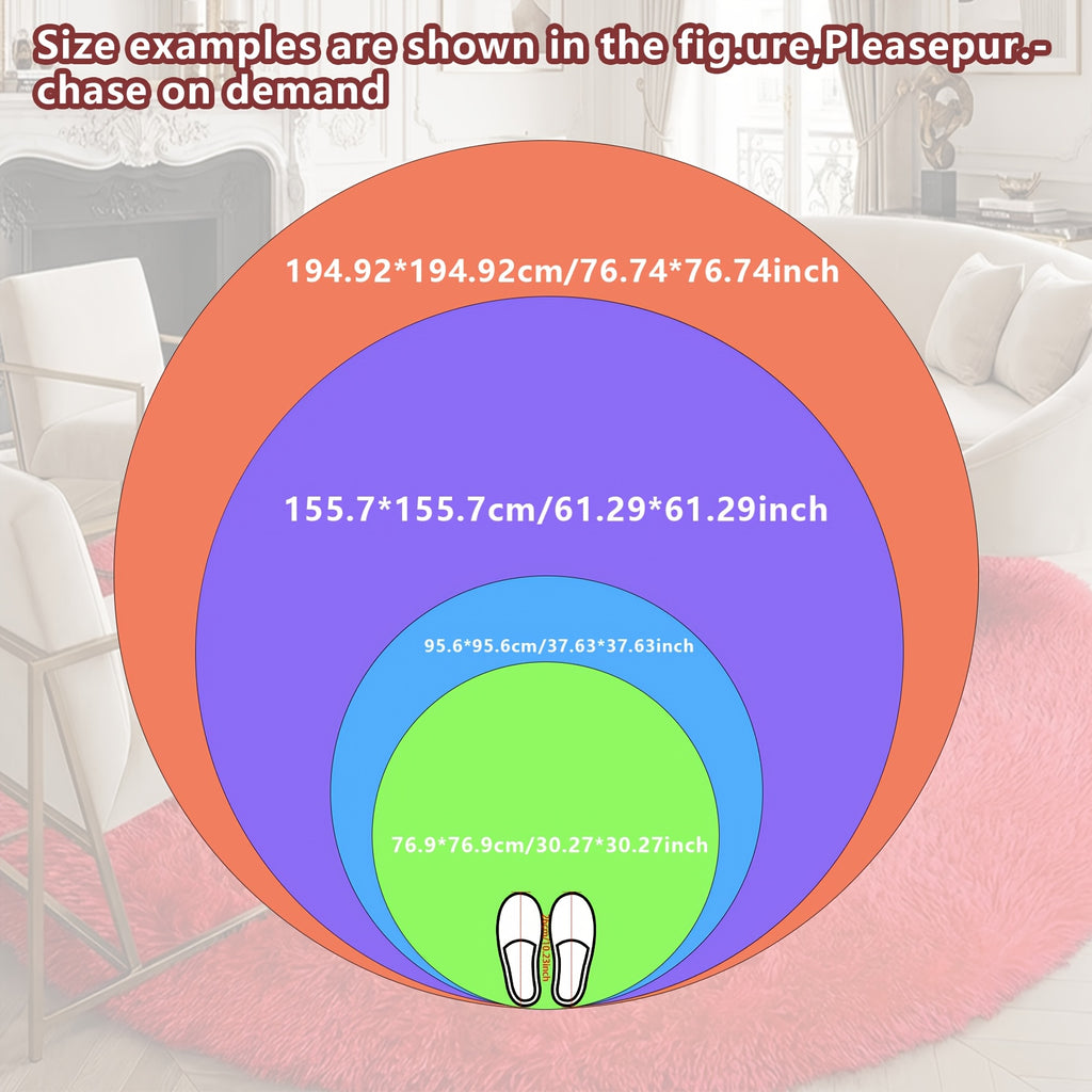 Tapis rond rouge vif, poil long, quatre cercles de 75 à 195 cm
