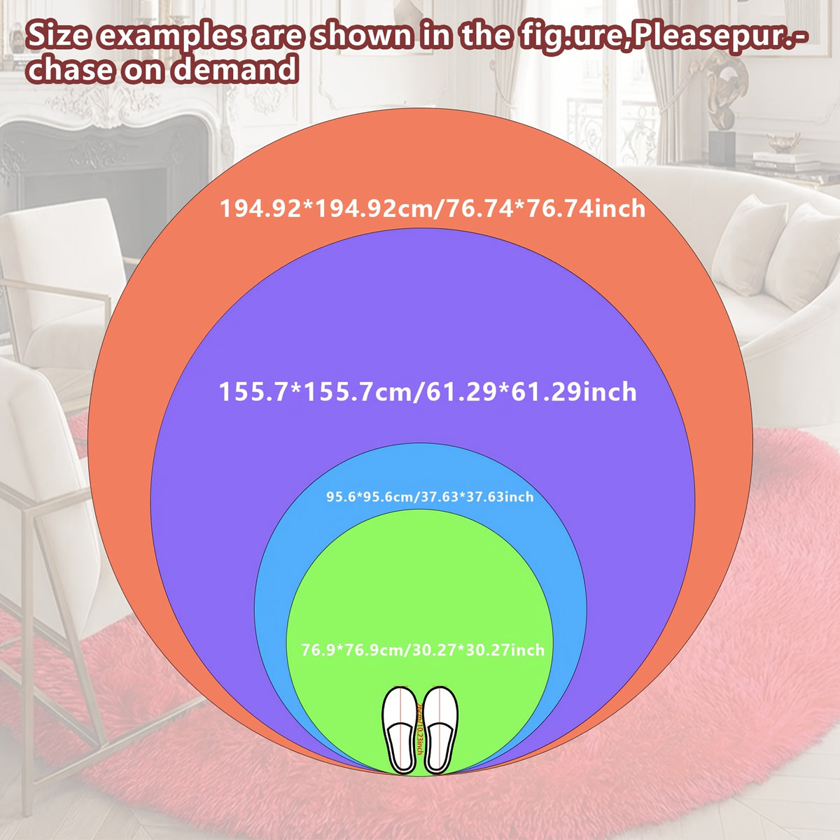 Tapis rond rouge vif, poil long, quatre cercles de 75 à 195 cm