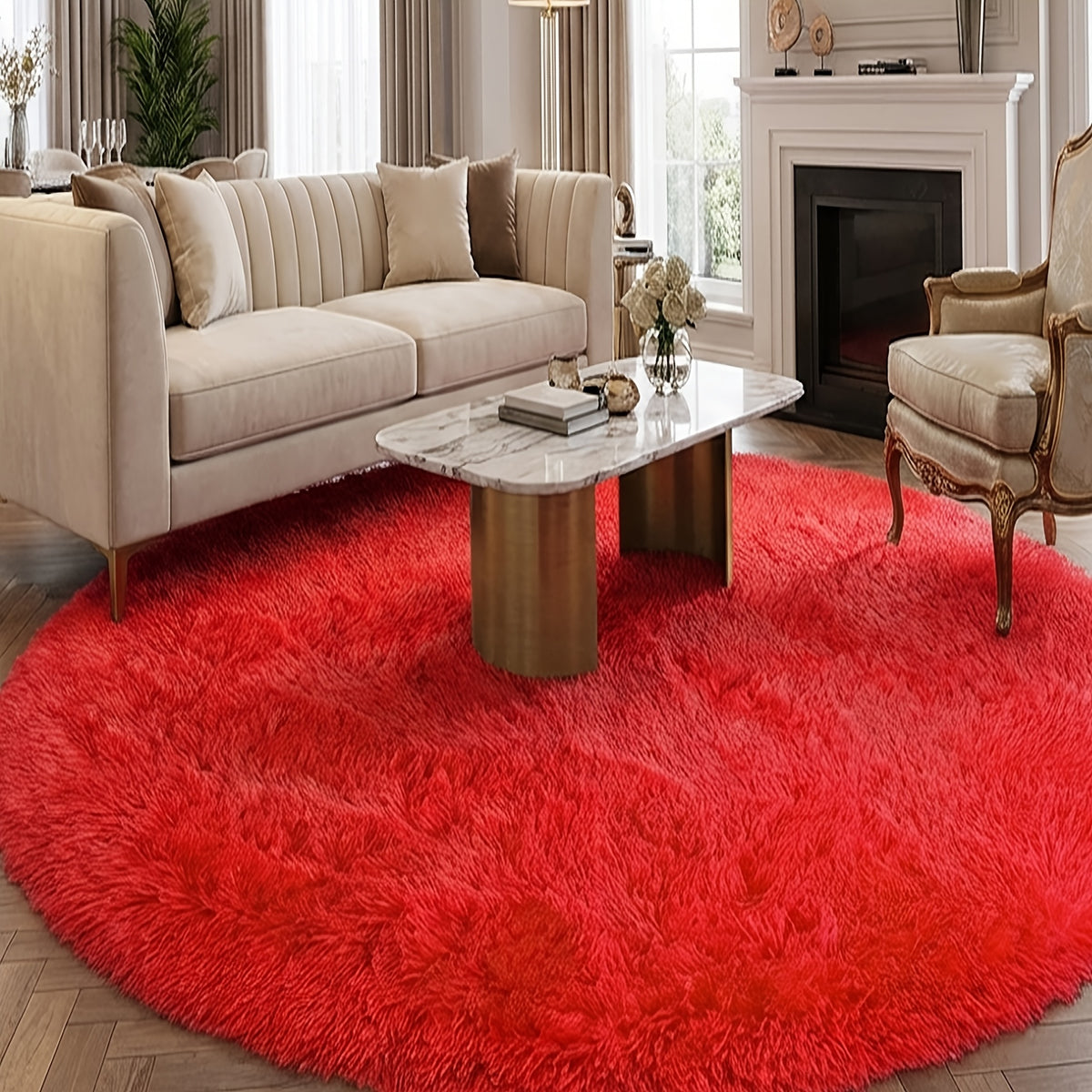 Tapis rond rouge vif, poil long, quatre cercles de 75 à 195 cm