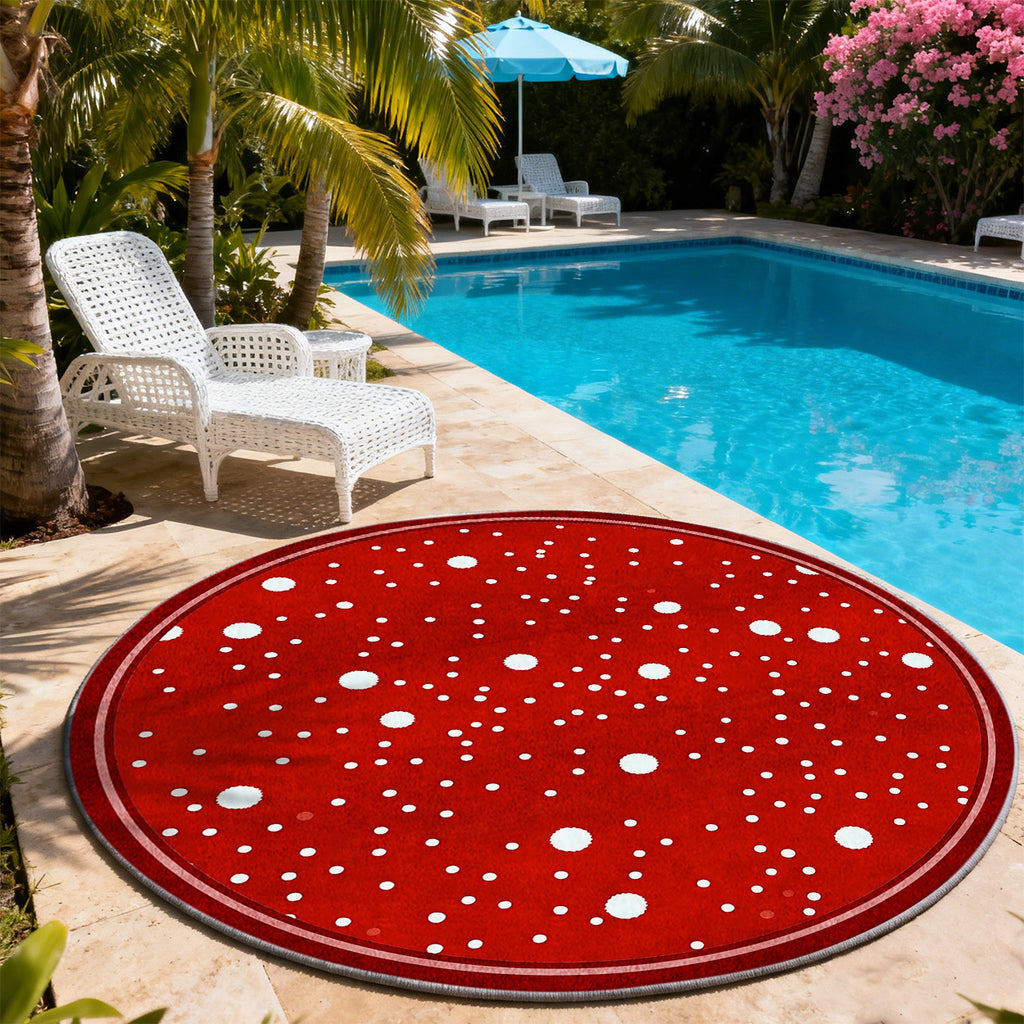 Tapis rond rouge à pois blancs irréguliers, quatre cercles