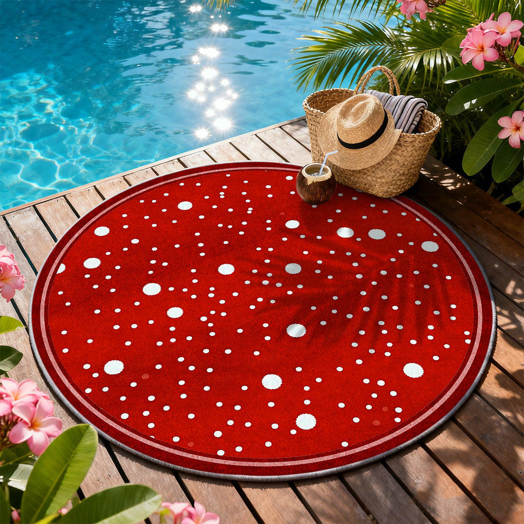 Tapis rond rouge à pois blancs irréguliers, quatre cercles
