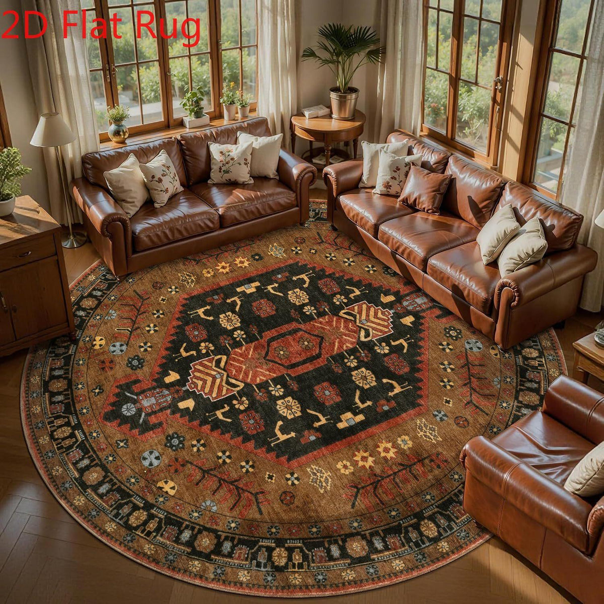 Tapis rond rouille à long médaillon noir, Ø 240 et 300 cm